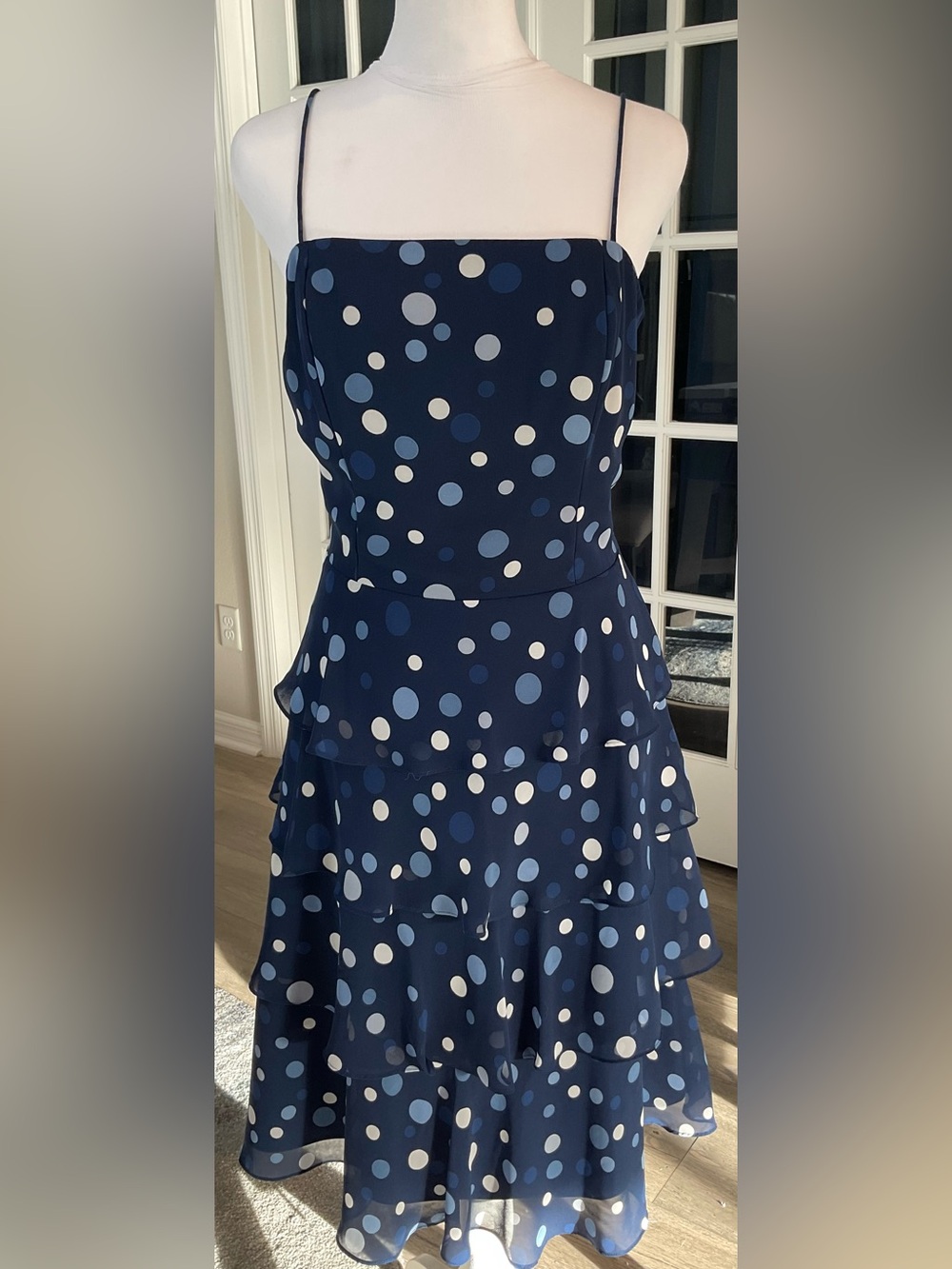 Dressbarn Navy Blue Polka Dot Tiered Chiffon Midi Dress Ruffle Size 12 GUC - Picture 10 of 13